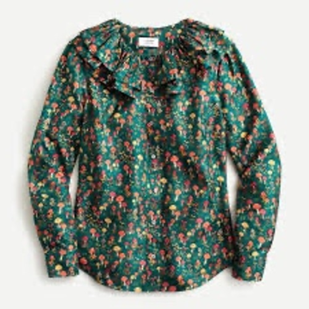 J.Crew Collection‎ Med %100 Silk Mushroom Print Ruffle Collar Blouse Green